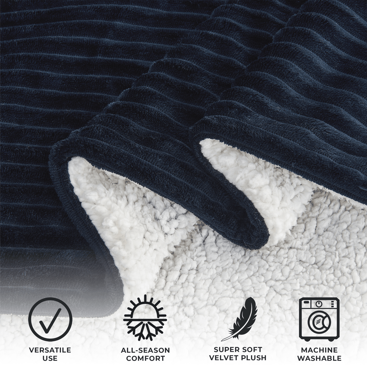 Navy ribbed blanket folded to show the sherpa reverse, with supplier feature and machine-wash icons.