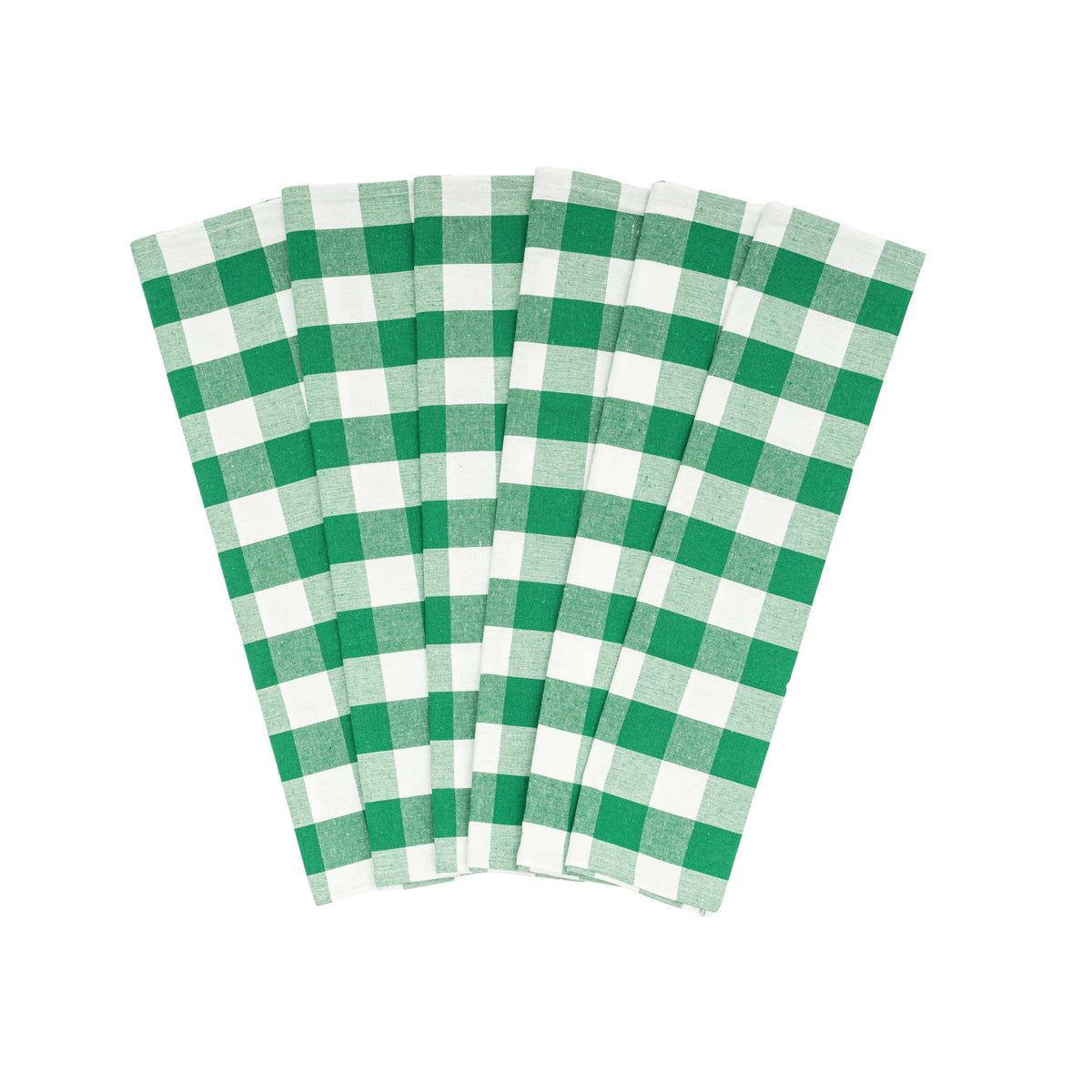 Six green-and-white plaid cotton kitchen towels arranged in a fan.