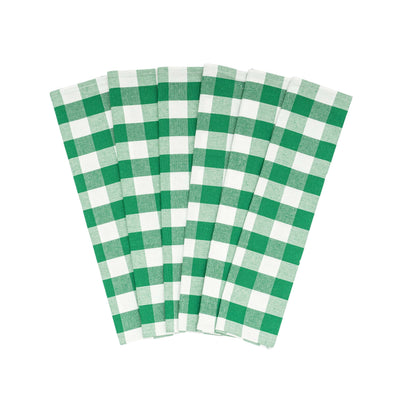 Six green-and-white plaid cotton kitchen towels arranged in a fan.