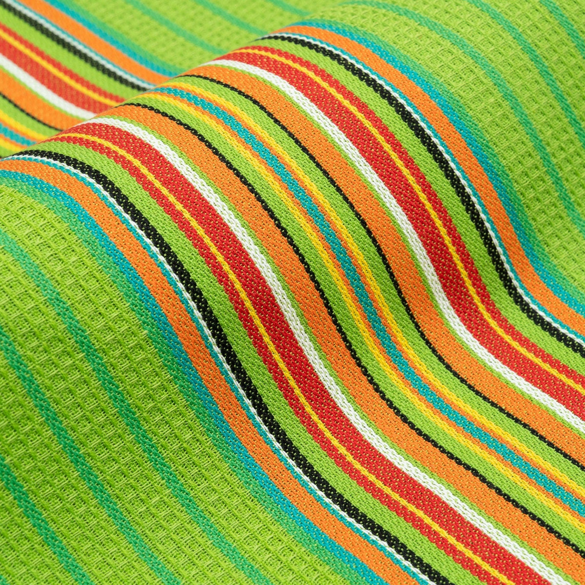 Close view of green Salsa Stripe cotton towel fabric