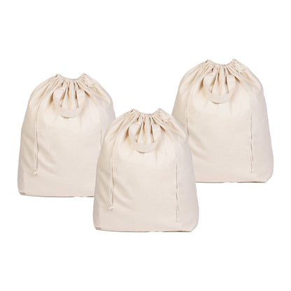 Three canvas laundry bags, illustrating the three-bag pack