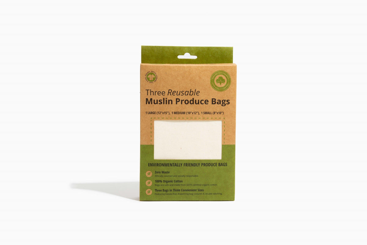 Front of the three-piece muslin produce-bag gift box.