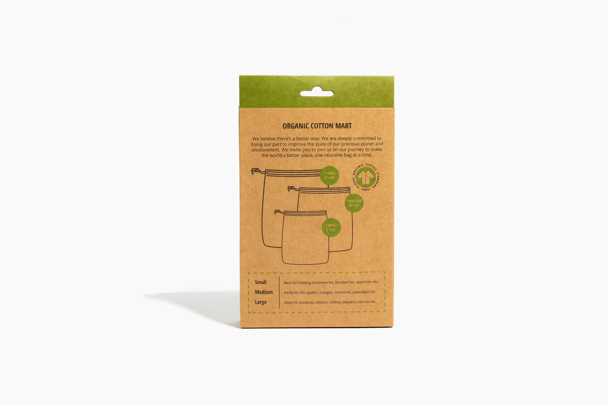 Back of the muslin produce-bag gift box showing the three bag sizes.