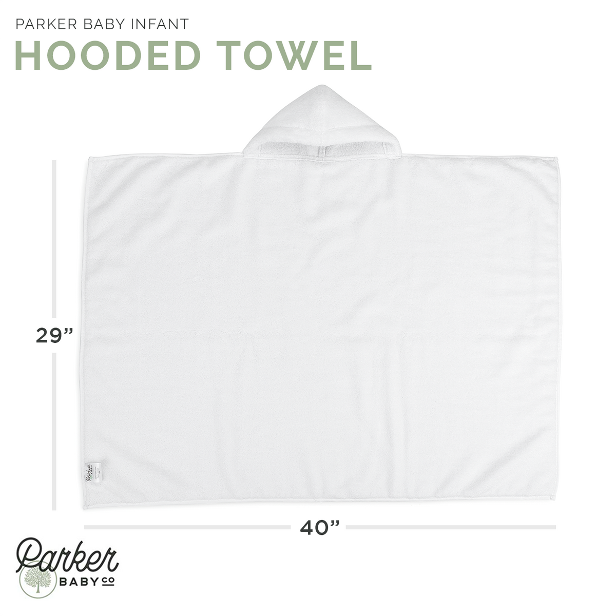 White hooded bath towel, Infant size, labeled 29 by 40 inches.