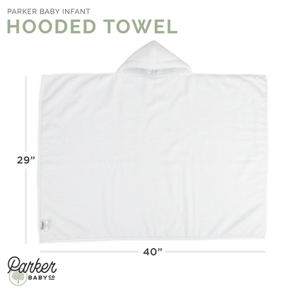 White hooded bath towel, Infant size, labeled 29 by 40 inches.