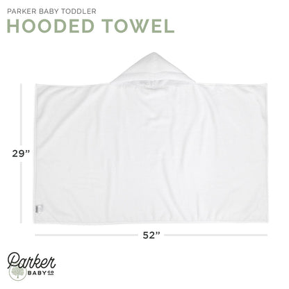 White hooded bath towel, Toddler size, labeled 29 by 52 inches.