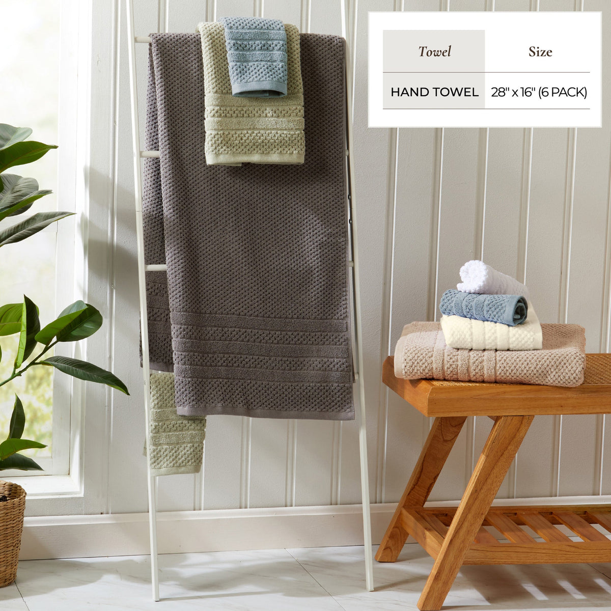 Hand towel shown with a size chart listing 28 x 16 inches and a six-pack.
