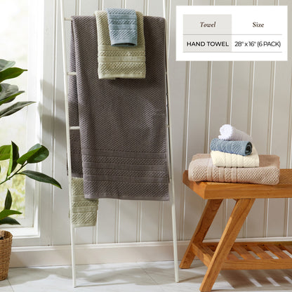 Hand towel shown with a size chart listing 28 x 16 inches and a six-pack.