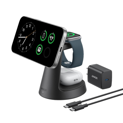 Black Anker MagGo A25M4 charging stand with a phone, earbuds, Apple Watch, USB-C adapter and cable.