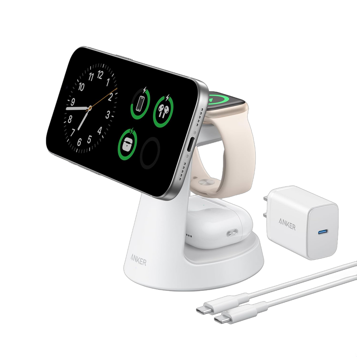 Aurora White Anker MagGo A25M4 charging stand with a phone, earbuds, Apple Watch, USB-C adapter and cable.