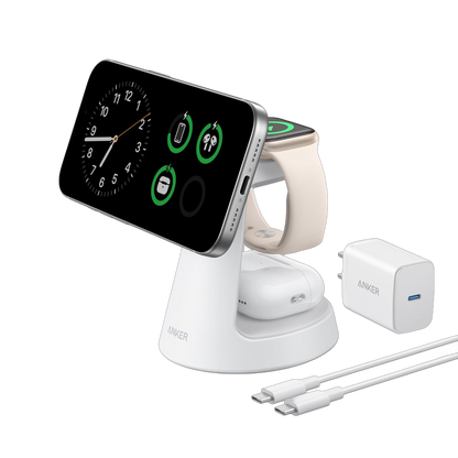 Aurora White Anker MagGo A25M4 charging stand with a phone, earbuds, Apple Watch, USB-C adapter and cable.