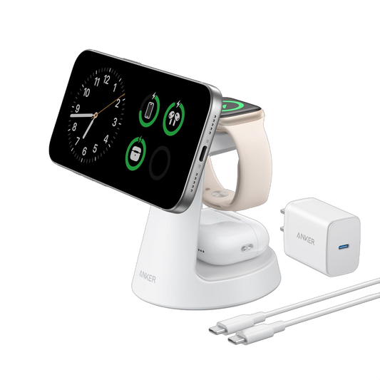 Aurora White Anker MagGo A25M4 charging stand with a phone, earbuds, Apple Watch, USB-C adapter and cable.
