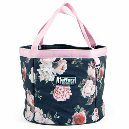 Full front view of the Jeffers Expression Rose Garden grooming tote, with pink roses on navy fabric and pink trim and handles.