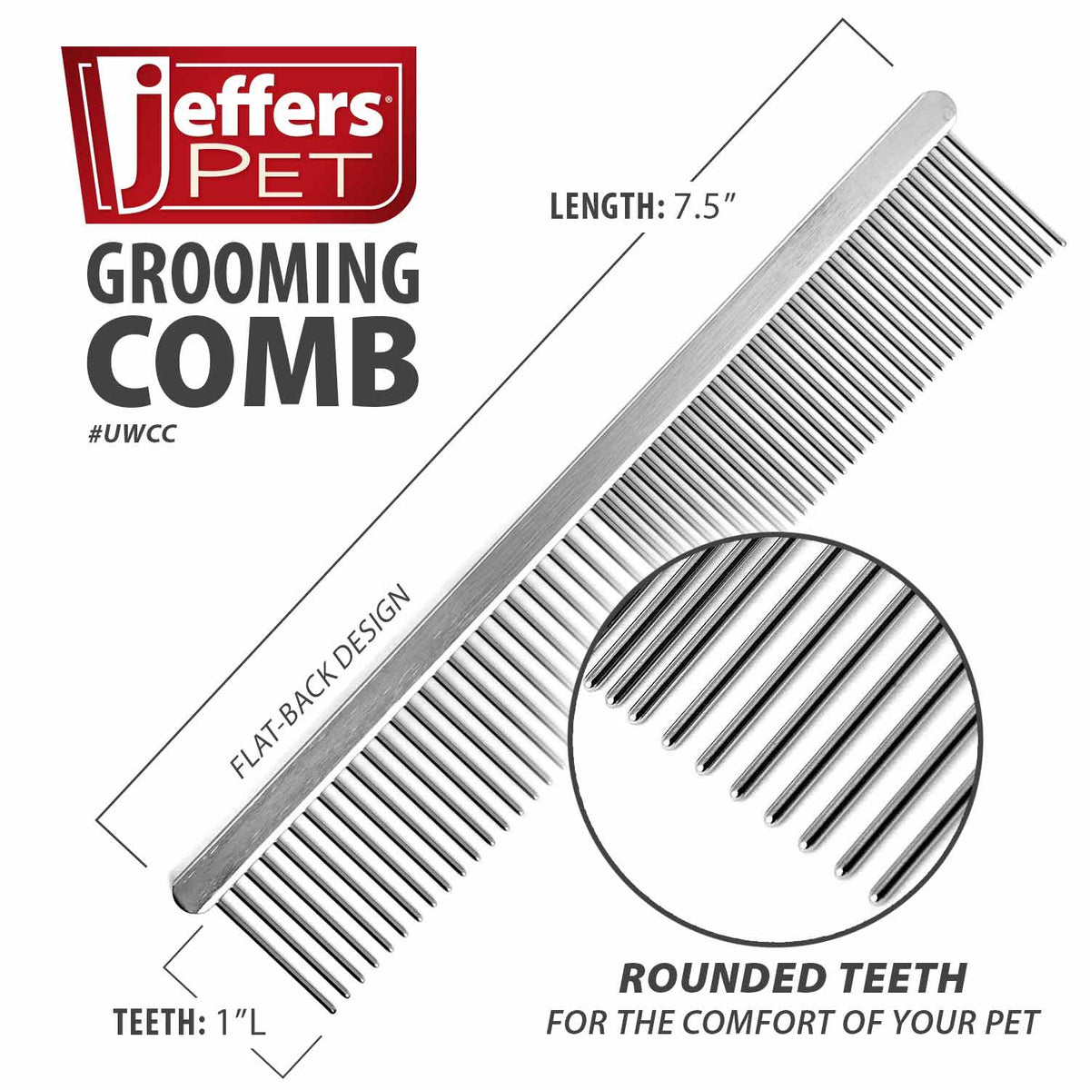 7.5-inch grooming comb diagram showing 1-inch rounded teeth.