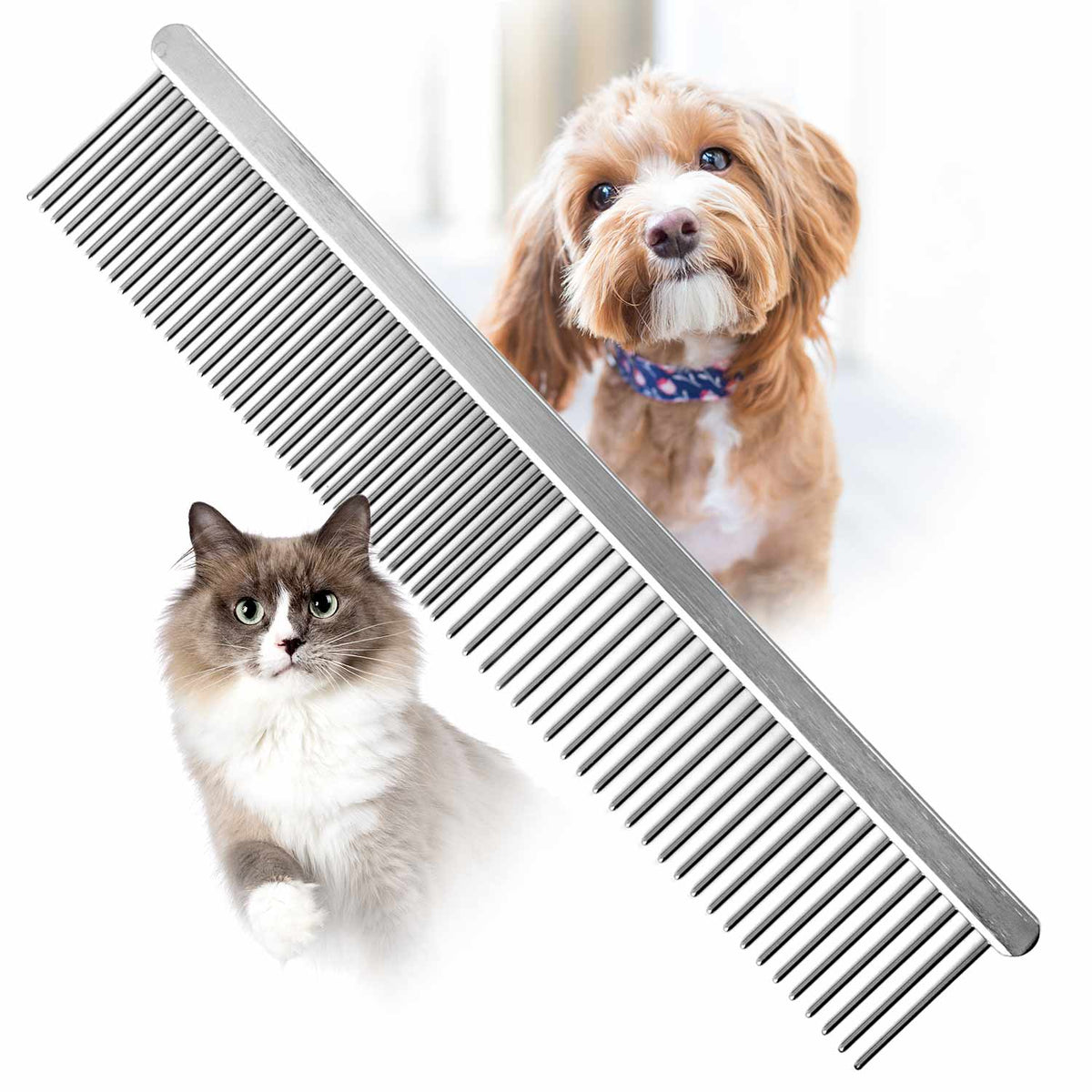7.5-inch grooming comb with 1-inch teeth shown with pets; pets are not included.