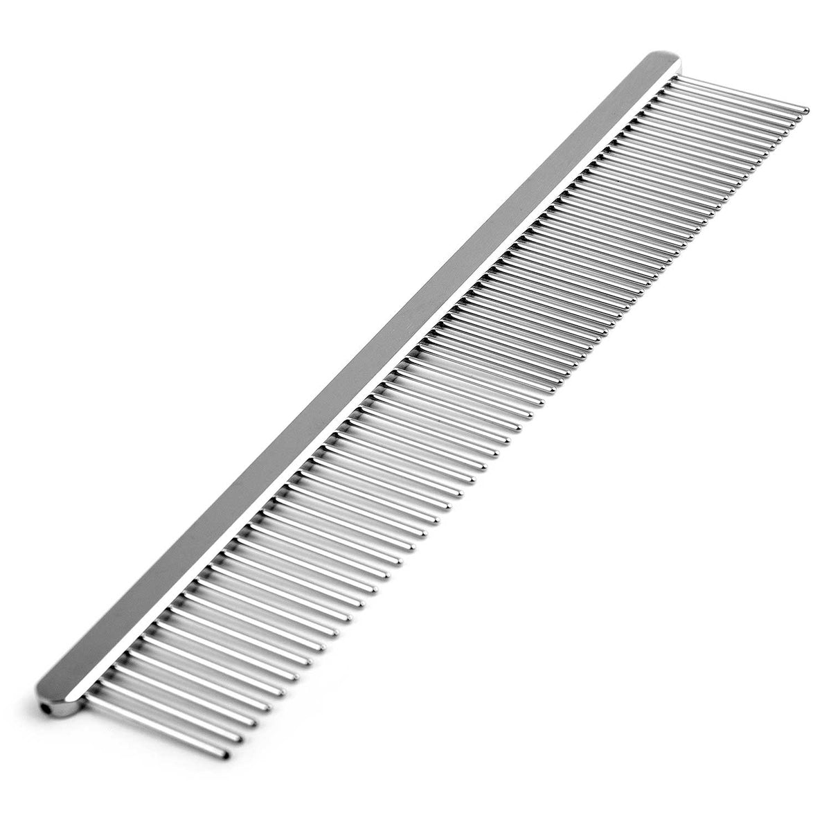 Steel pet grooming comb shown at an angle.