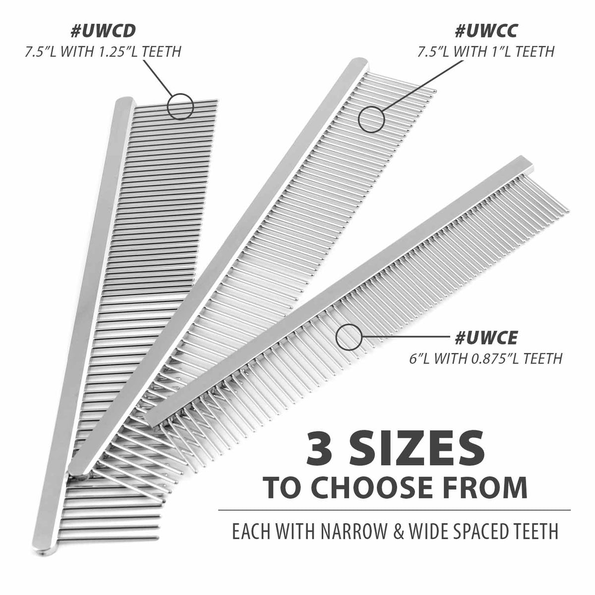 Comparison of three grooming comb sizes; each order includes one selected comb.