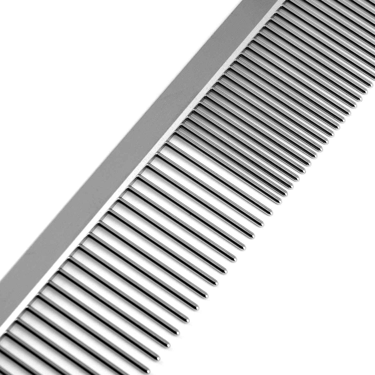 Close-up of fine and coarse tooth spacing on a grooming comb.