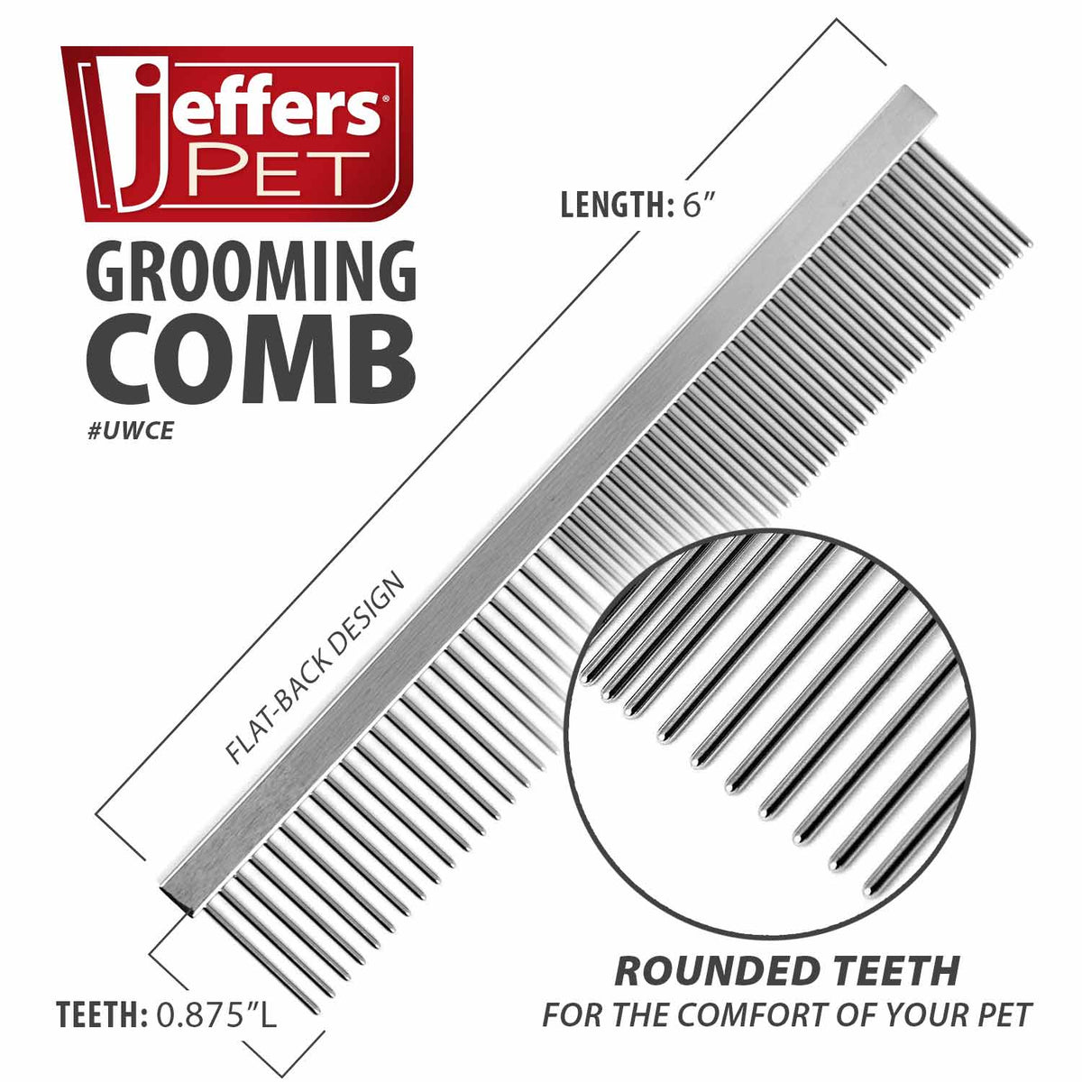 6-inch grooming comb diagram showing 7/8-inch rounded teeth and flat back.