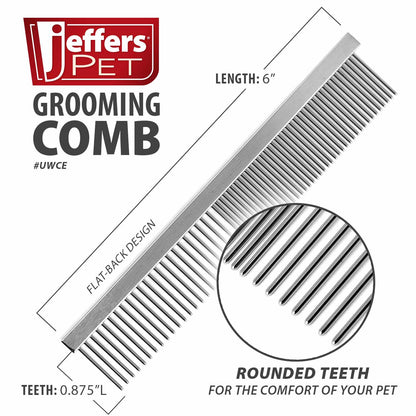 6-inch grooming comb diagram showing 7/8-inch rounded teeth and flat back.