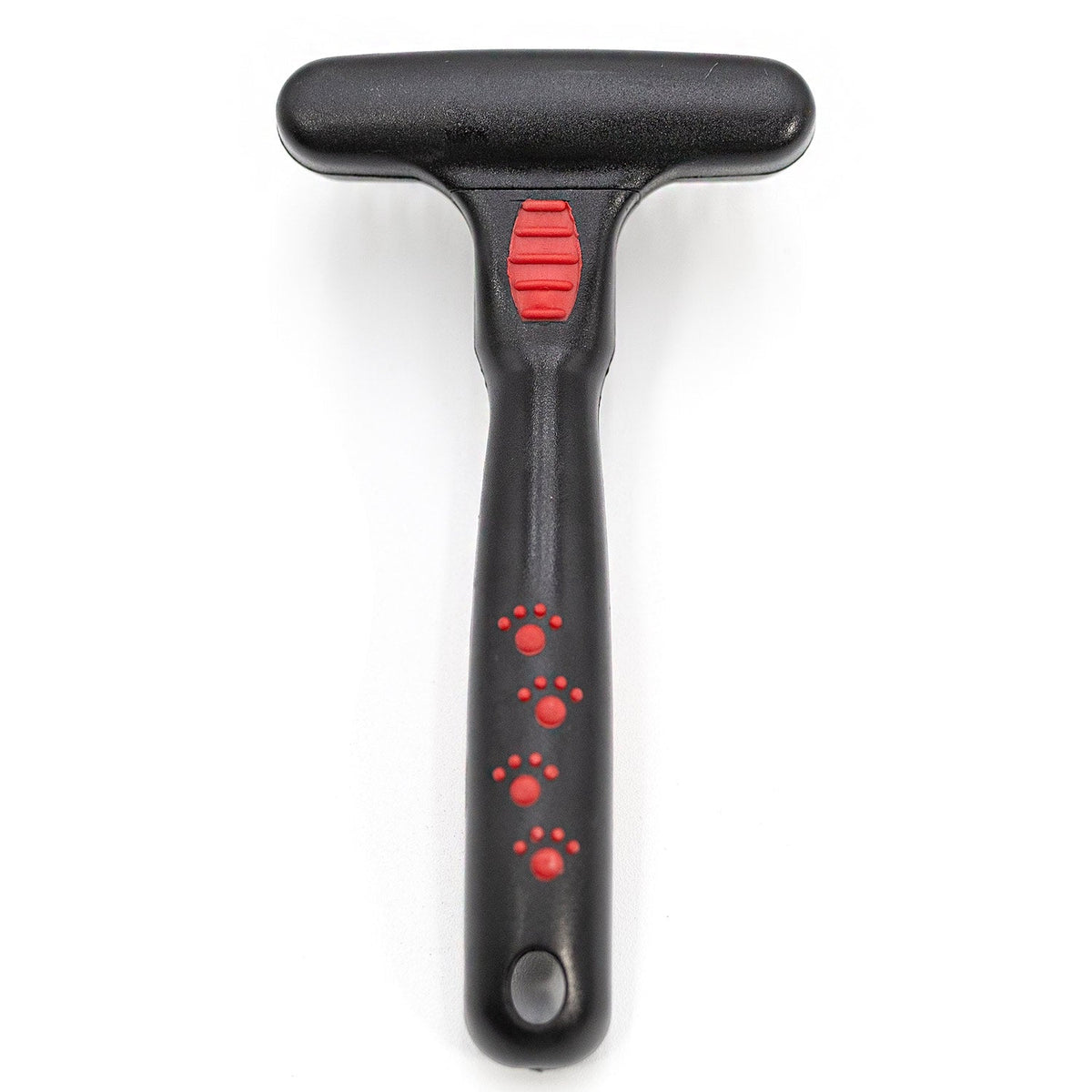Back of the Jeffers 13-pin undercoat rake with a black handle and red paw prints.