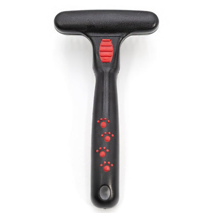 Back of the Jeffers 13-pin undercoat rake with a black handle and red paw prints.