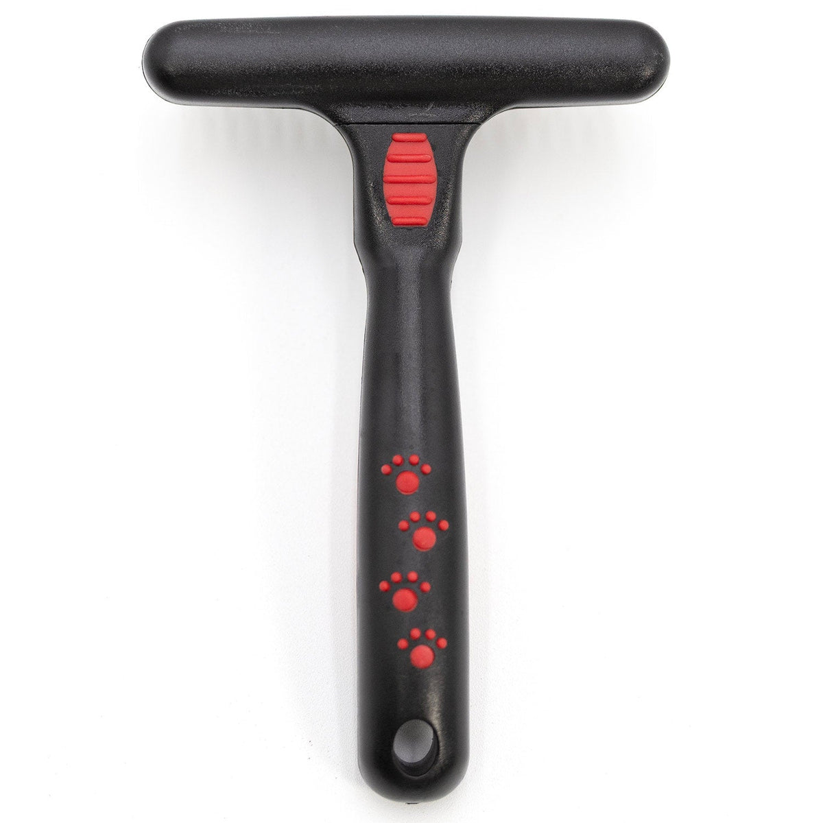 Back of the Jeffers 20-pin undercoat rake with a black handle and red paw prints.
