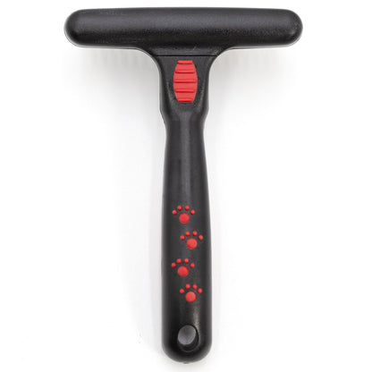 Back of the Jeffers 20-pin undercoat rake with a black handle and red paw prints.