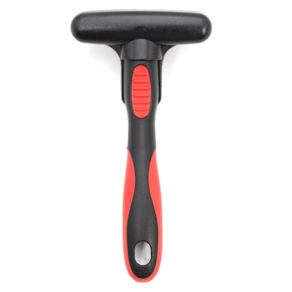 Rear view of the Jeffers double-row undercoat rake with a red grip.