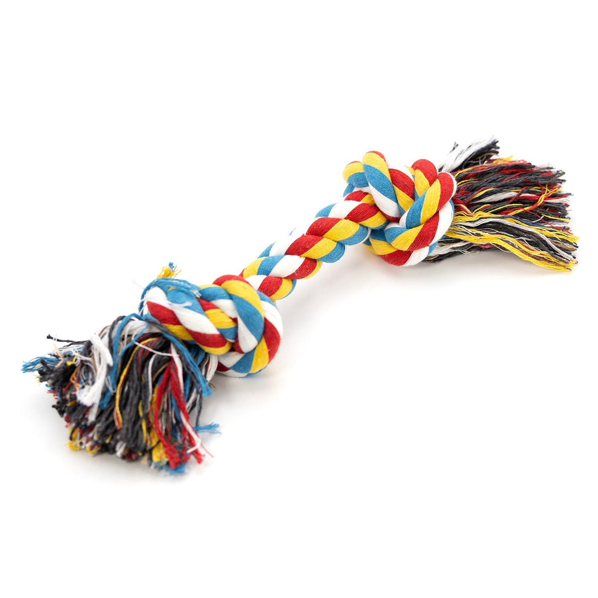 Multicolored braided cotton rope dog toy with two knots and tasselled ends.