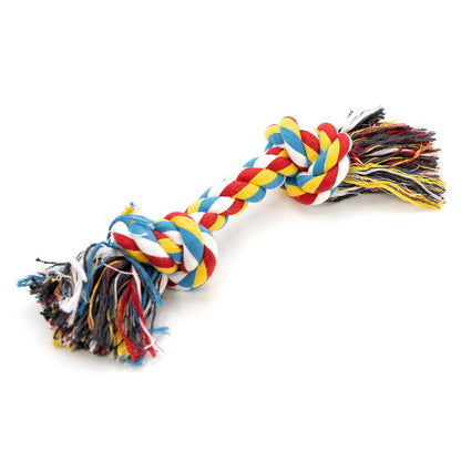 Multicolored braided cotton rope dog toy with two knots and tasselled ends.