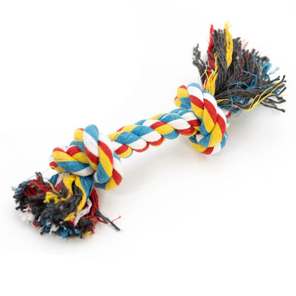 Angled view of the multicolored knotted rope dog toy.