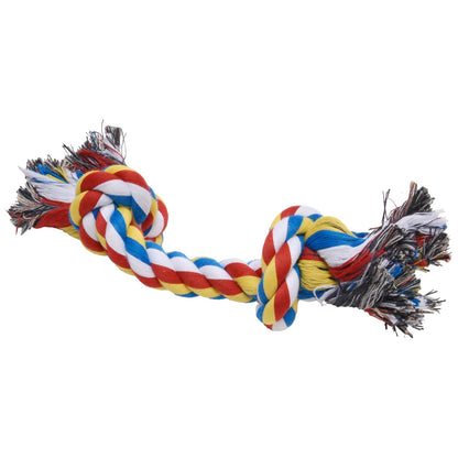 Side view of the braided rope toy showing its knotted ends.