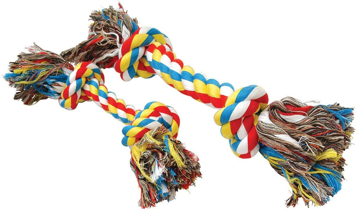 Two multicolored rope toys shown for comparison; each toy is sold separately.