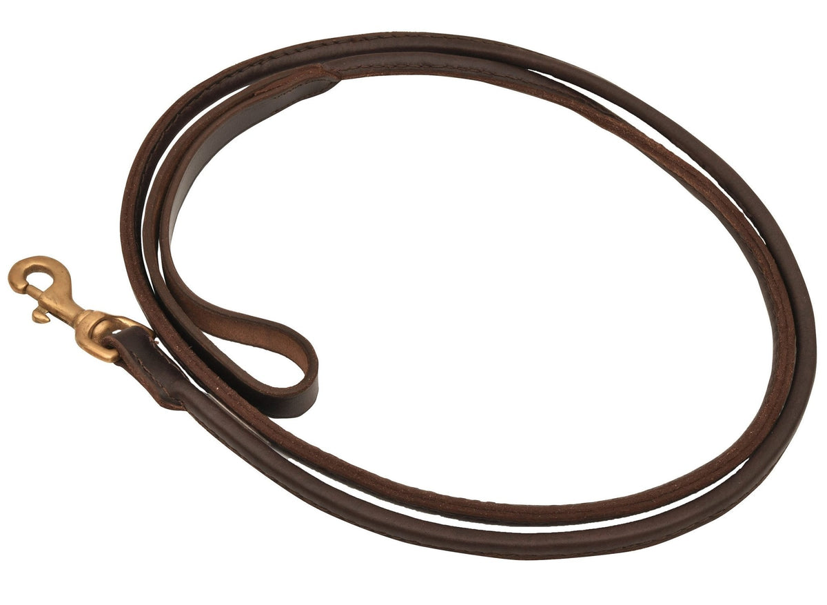 Chestnut-brown six-foot rolled leather dog leash with hand strap and metal snap hook, shown coiled.