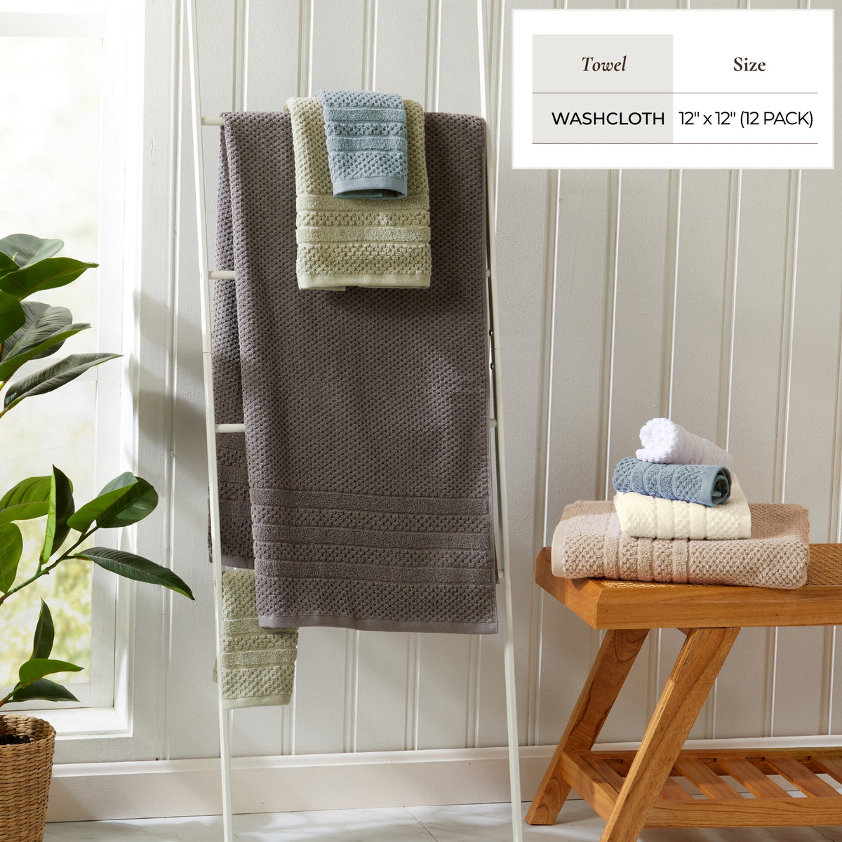 Washcloth shown with a size chart listing 12 x 12 inches and a 12-pack.