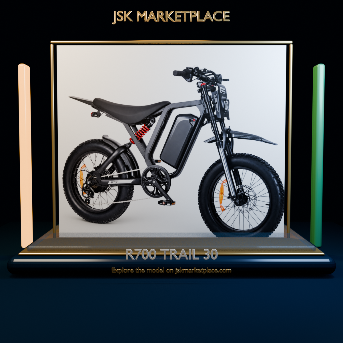 R700 Trail 30 electric bike displayed in a JSK Marketplace Liquid Glass showroom