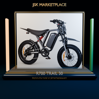 R700 Trail 30 electric bike displayed in a JSK Marketplace Liquid Glass showroom