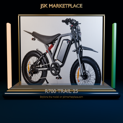 R700 Trail 25 electric bike displayed in a JSK Marketplace Liquid Glass showroom