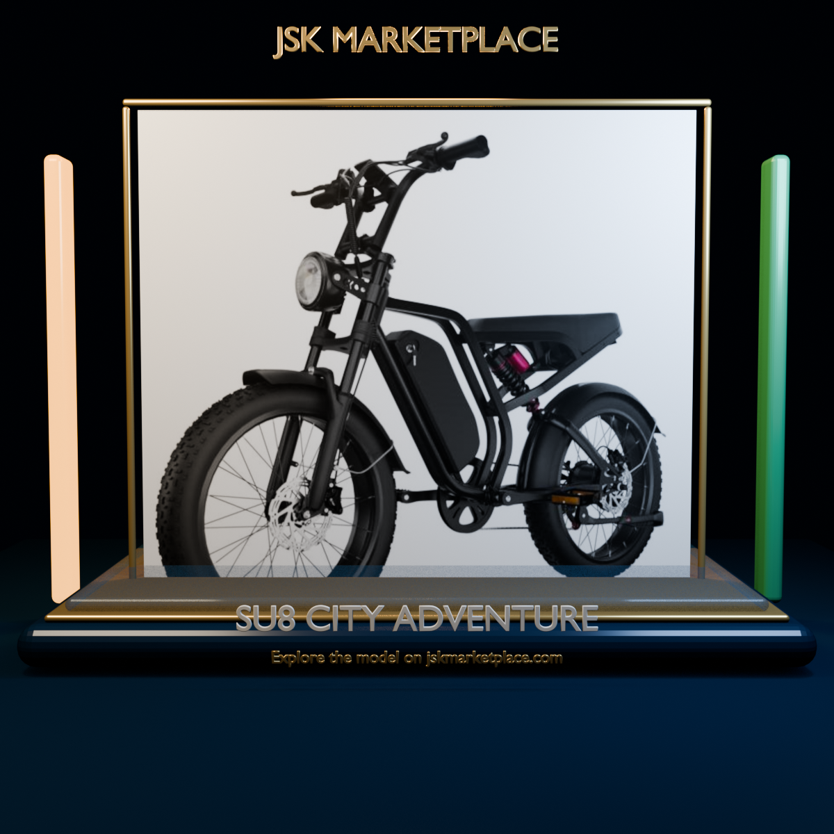SU8 City Adventure electric bike displayed in a JSK Marketplace Liquid Glass showroom
