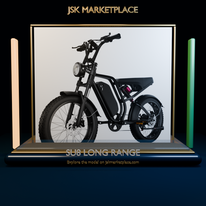 SU8 Long Range electric bike displayed in a JSK Marketplace Liquid Glass showroom