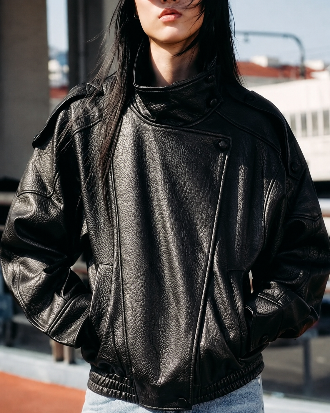 Zip-Up Faux Leather Moto Jacket focused product view