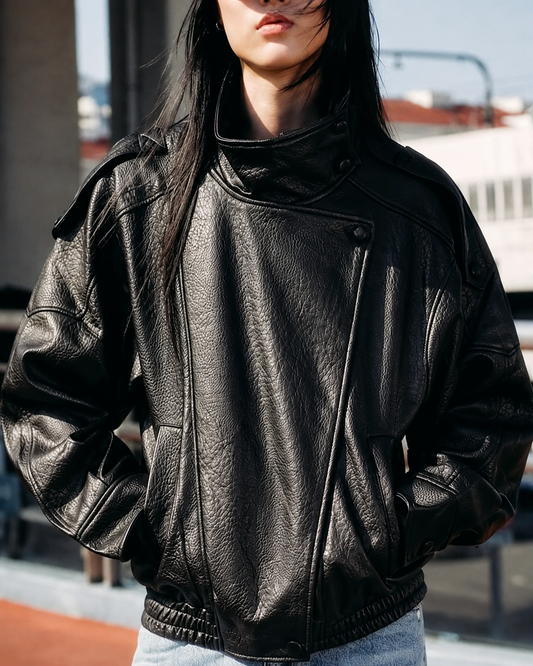 Zip-Up Faux Leather Moto Jacket focused product view