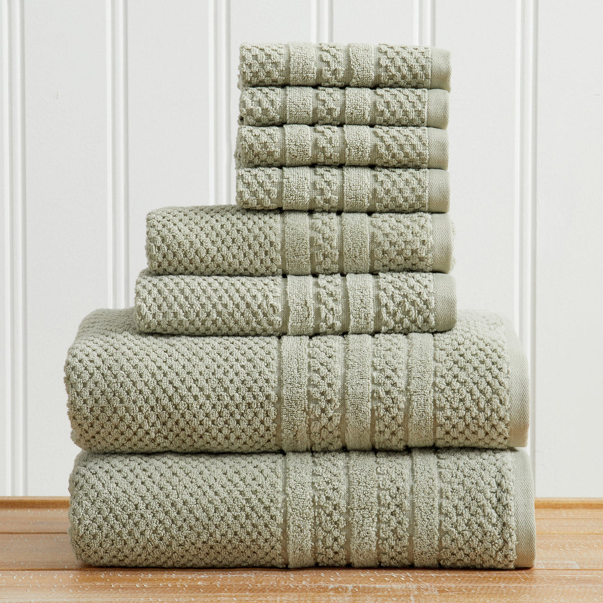 Eucalyptus Giuliana Collection checkered jacquard towel set folded in a stack.