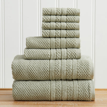 Eucalyptus Giuliana Collection checkered jacquard towel set folded in a stack.