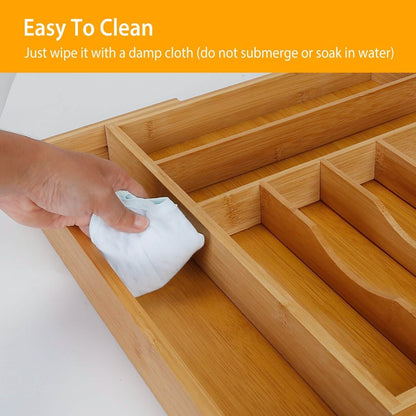Bamboo organizer wiped with a cloth; hand and cloth are not included.