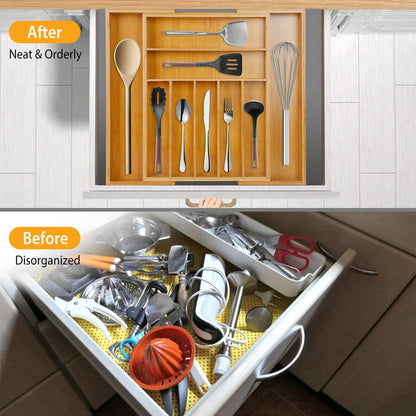 Before and after example of drawer organization; one bamboo organizer is included, utensils, drawer and other contents are not included.