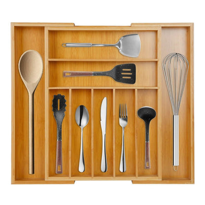 Expandable bamboo organizer with example utensils; utensils are not included.