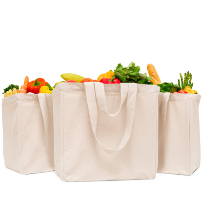 Three cotton canvas jumbo tote bags shown with groceries; choose your pack size