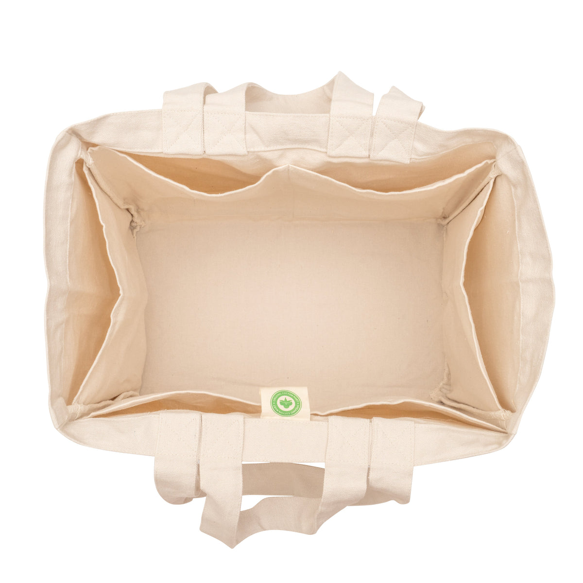 Open canvas tote showing six inside pockets